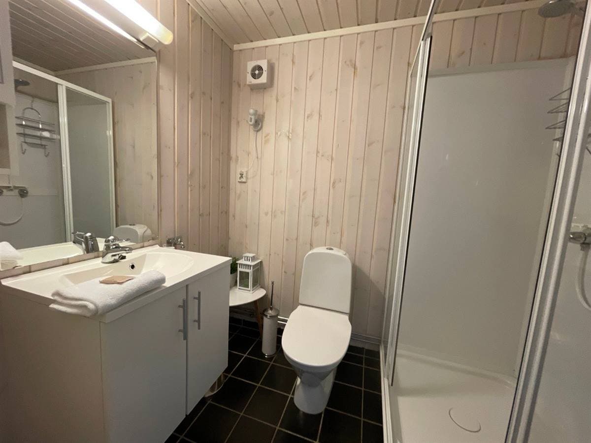 Badeværelse med brusekabine og toilet