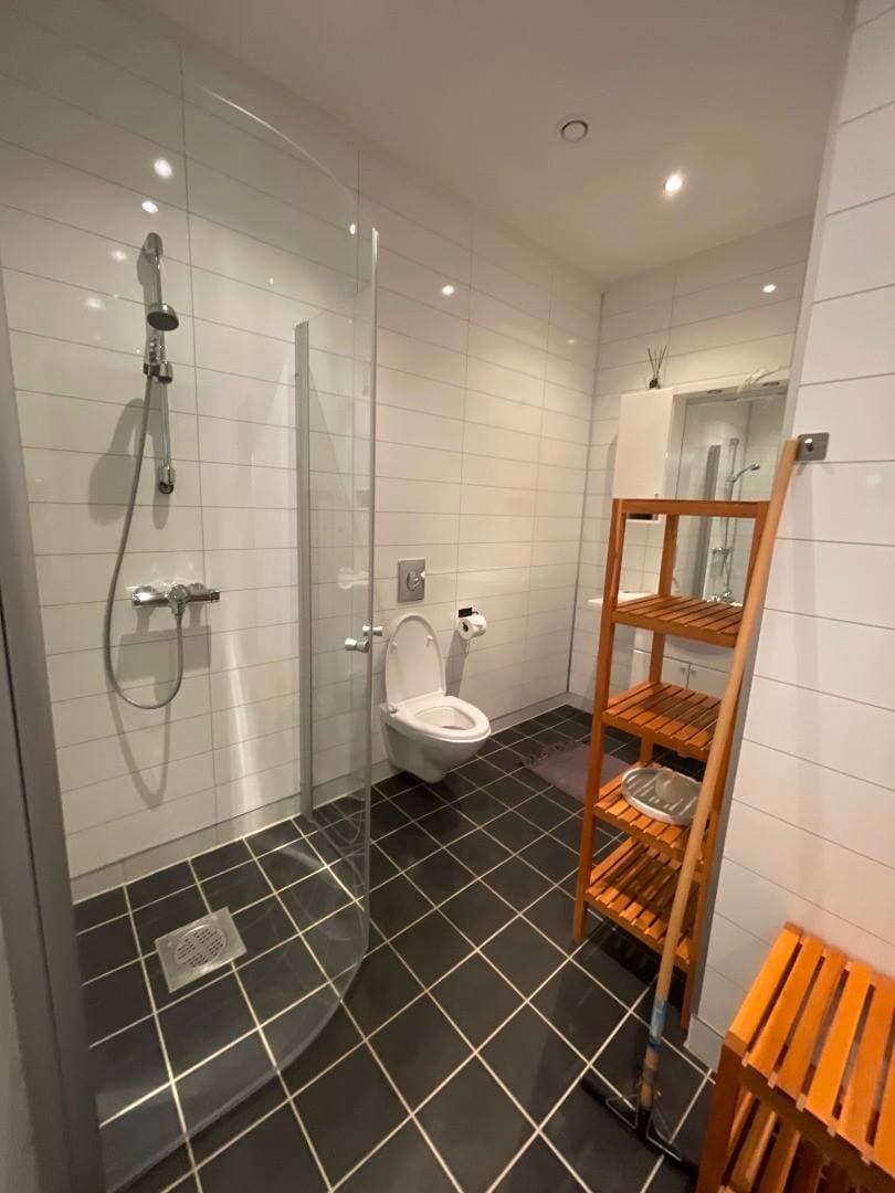 Badeværelse med walk-in-bruser og toilet