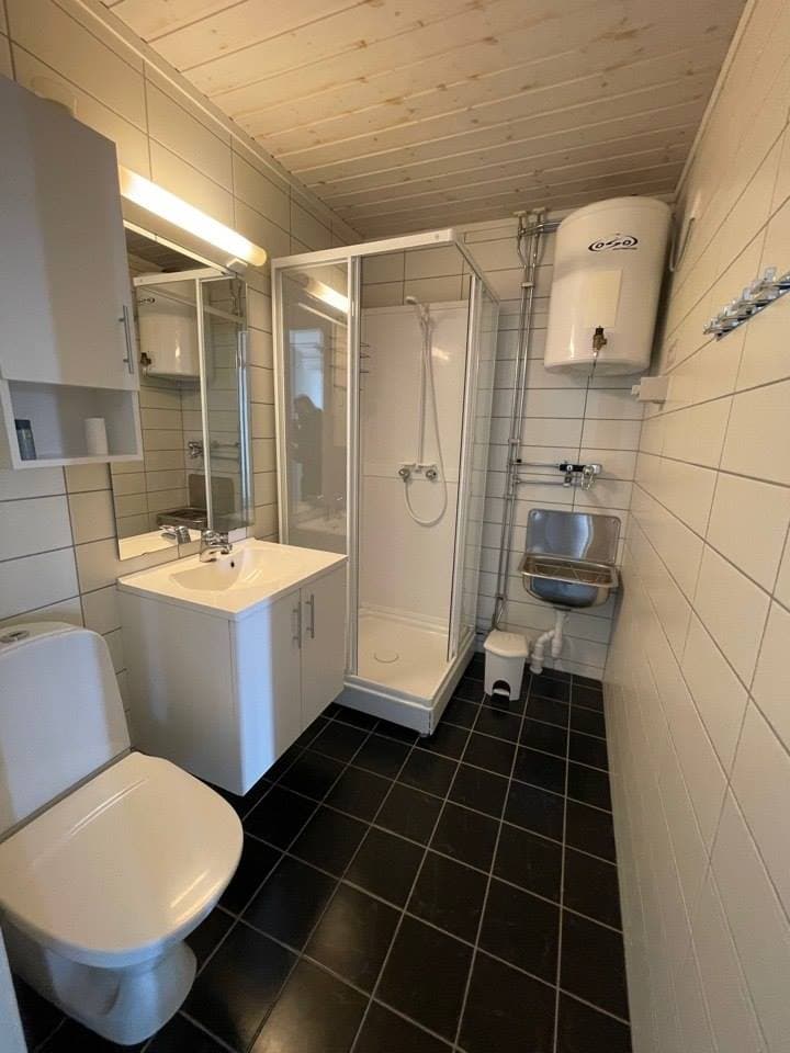 Badeværelse med bruser og toilet i lejligheden